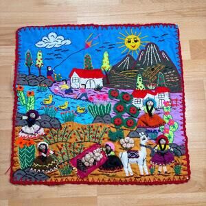 Applique Quilt wall Mural 20"x20"- Arpillera-3D Hand Embroidered Peruvian (A1)